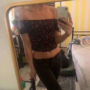 Dark blue floral strapless crop top